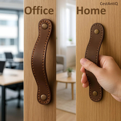 Full Grain Leather Drawer Handles for Cabinets and Dressers, brown leather hardware showcased in office and home settings.