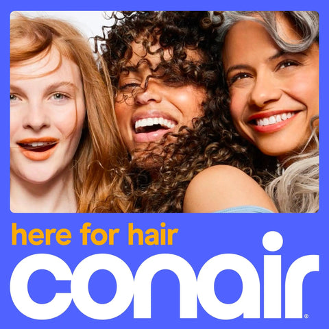 Three women smiling with diverse hair types above 'here for hair' and 'conair' text on blue background.