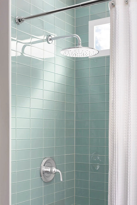 Spectra Plus Rain 11 Inch Shower Head With 2.5 GPM Flow, Polished Chrome Finish, Drenching Rain Spray in modern tiled shower.
