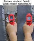 Hand holding thermometer showing temperature difference on Thermal Insulated Door Curtain With Magnetic Closure.