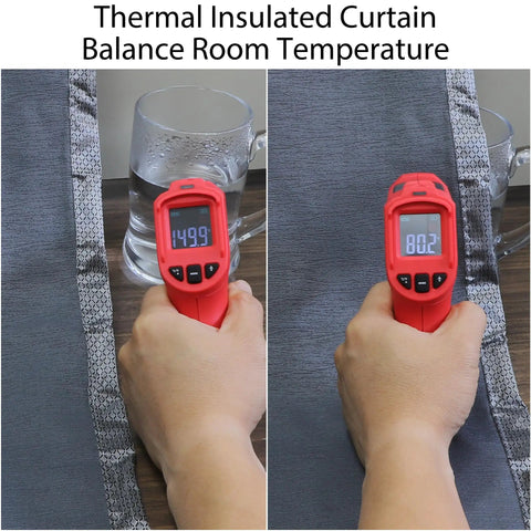 Hand holding thermometer showing temperature difference on Thermal Insulated Door Curtain With Magnetic Closure.