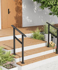2 Pack Rock Solid Outdoor Step Handrails For Stairs, Adjustable Heavy Duty Steel Porch Railing With Super Grippy Non Slip Handle, Dang Safe For Seniors And Backyard Decks, No Fuss Install Black on wooden porch steps.