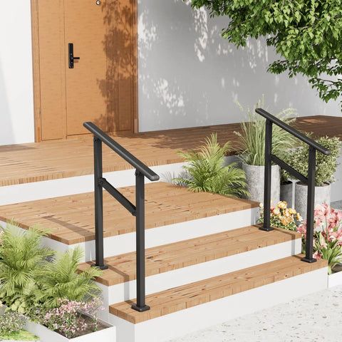 2 Pack Rock Solid Outdoor Step Handrails For Stairs, Adjustable Heavy Duty Steel Porch Railing With Super Grippy Non Slip Handle, Dang Safe For Seniors And Backyard Decks, No Fuss Install Black on wooden steps with planters.