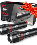 Two Pack 2000 Lumen Tactical Flashlights Heavy Duty Aluminum Zoomable Beam 5 Modes Waterproof For Home Camping Hiking Emergency Prep And Outdoor Adventures shown in gift packaging
