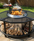 Outdoor Fire Pit Surround Table with 40 inch tabletop and 21 inch inner ring, featuring grill grates and firewood storage on patio.