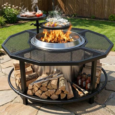Outdoor Fire Pit Surround Table with 40 inch tabletop and 21 inch inner ring, featuring grill grates and firewood storage on patio.