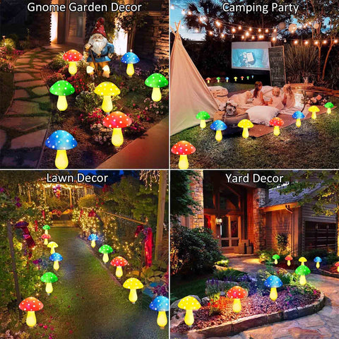 8 Pack Solar Mushroom Lights For Garden Decor With 8 Modes Waterproof Outdoor Mushroom Lamps illuminating varied outdoor settings
