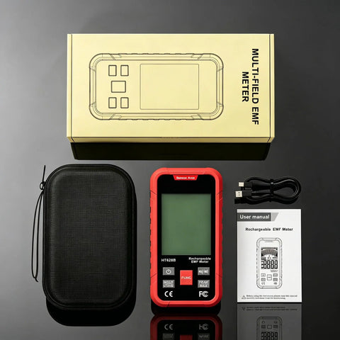 3-In-1 EMF Meter Portable RF EF MF Detector For Home And Office, Handy Signal Sniffer That Lets You Gauge Real Time RF Up To 3.5GHz, Electric Field In V Per Meter, Magnetic Field In mG Per uT, Perfect For 5G, WiFi, And Daily Detections. Kit with red handheld meter, case, cable, manual, box