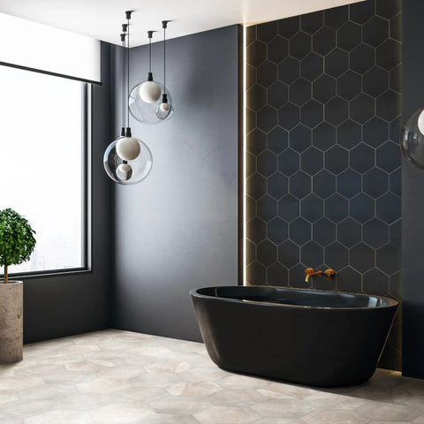 Modern bathroom with hexagonal Apini Hex Matte Black Porcelain Tile For Floors And Walls 9 One Eighth By 10 One Half Inches Glazed Low Sheen Finish