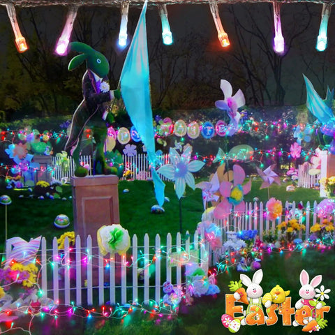 Pastel Easter String Lights 66 Feet 200 LED Indoor Outdoor Plug In With 8 Lighting Modes Clear Wire Fairy Lights