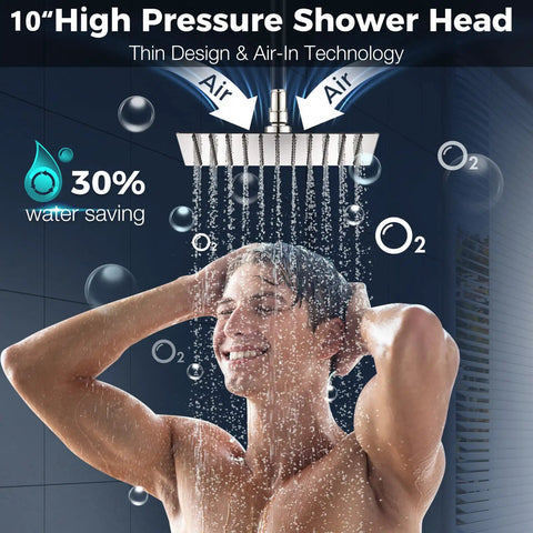 Man enjoying 10 Inch Rain Shower Head With 16 Inch Extendable Arm For Flexible Height And Distance All Metal Chrome Square Waterfall Showerhead High Pressure Massage 304 Stainless Steel Brass Joint Self Cleaning Nozzles Spa Luxury At Home
