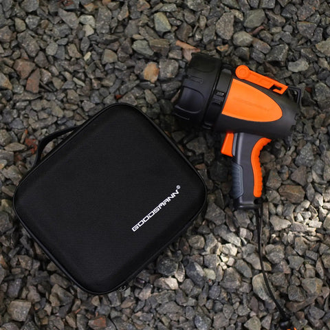 Rechargeable Waterproof Spotlight Up To 4500 Lumens Handheld Beast Mode Searchlight with EVA Carrying Case on gravel