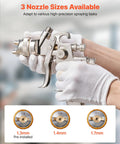 Close-up of Heavy Duty Lvlp Air Spray Gun Featuring Gravity Feed Cup And Quick Swap Nozzles with 1.3mm, 1.4mm, 1.7mm nozzle sizes.