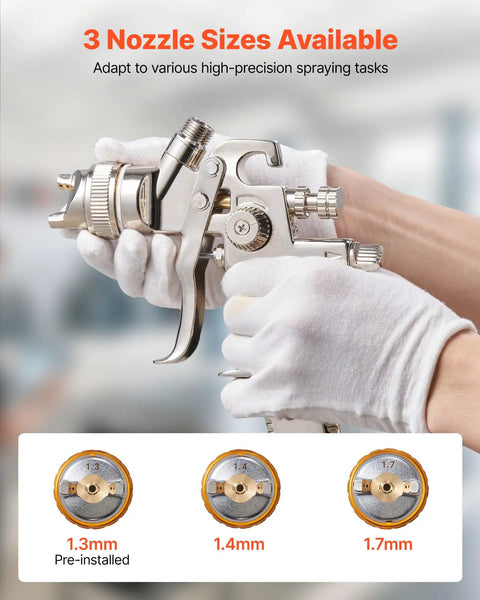 Close-up of Heavy Duty Lvlp Air Spray Gun Featuring Gravity Feed Cup And Quick Swap Nozzles with 1.3mm, 1.4mm, 1.7mm nozzle sizes.
