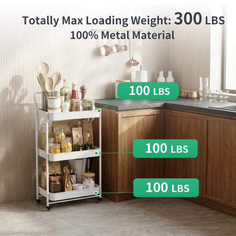Foldable 3 Tier Rolling Cart With Handle No Assembly Required Heavy Duty Metal Utility Trolley On Wheels for Kitchen Storage
