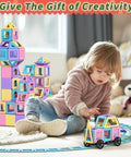 Awesome 100 Piece Magnetic Tiles Set For Kids Magnetic Blocks STEM Toy For Ages 3 To 8 Build Cars Castles And More Hands On Learning With Colorful Macaron Blocks Ideal Gift For Boys And Girls. Child plays with ABS magnetic tile blocks and car on floor