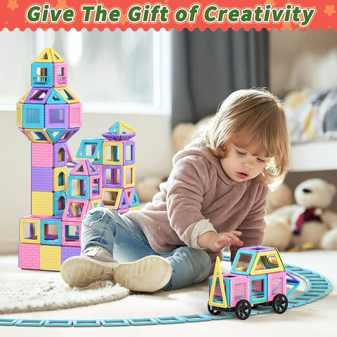 Awesome 100 Piece Magnetic Tiles Set For Kids Magnetic Blocks STEM Toy For Ages 3 To 8 Build Cars Castles And More Hands On Learning With Colorful Macaron Blocks Ideal Gift For Boys And Girls. Child plays with ABS magnetic tile blocks and car on floor