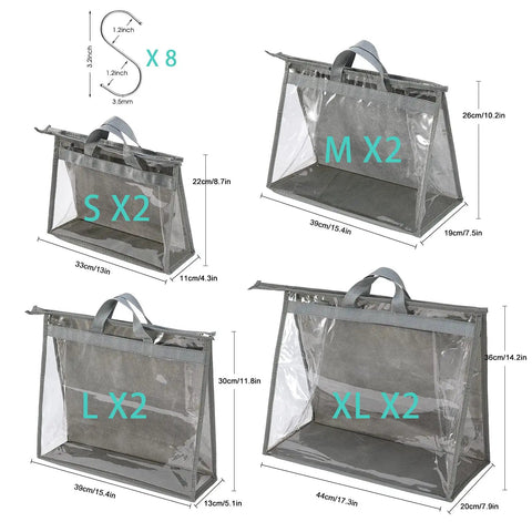Clear Dustproof Handbag Storage Organizer For Closet With Hanging Zipper Pouches And Hooks, multiple sizes shown
