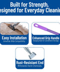 60 Inch Fiberglass Dust Mop Handle With Clip On Jaw Clamp Connector For Quick Attachment To Compatible Frames And Heads For Floor Cleaning In Commercial Janitorial Use Purple features details like easy installation, enhanced grip, and rust-resistant end.
