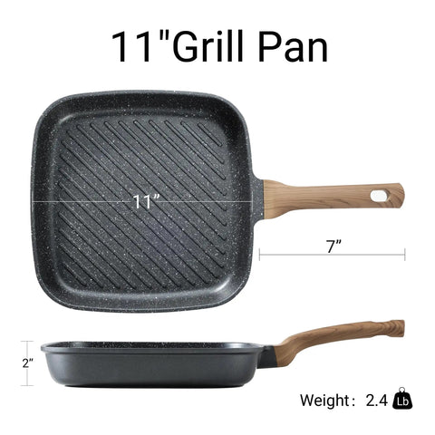 11 Inch Nonstick Grill Pan For Steak With Granite Coating, square skillet, top and side view, wooden handle, dimensions displayed