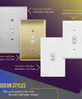 Wall plates displayed in various sizes and finishes with measurements, featuring a single pole toggle light switch 15A 120 to 277V residential grade UL listed.