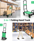 2-in-1 Folding Hand Truck with green foldable basket; black frame, four wheels, retractable handle.