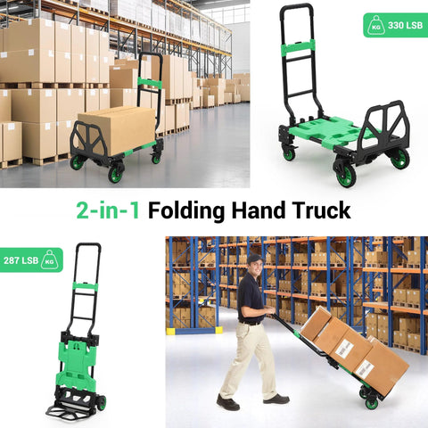2-in-1 Folding Hand Truck with green foldable basket; black frame, four wheels, retractable handle.