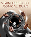 Ollygrin Electric Conical Burr Coffee Grinder With Touch Panel And 30 Precise Settings For Uniform Grinding, stainless steel burrs, close-up view.