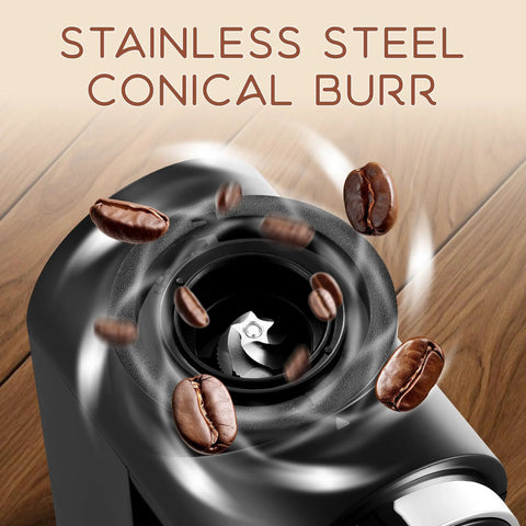 Ollygrin Electric Conical Burr Coffee Grinder With Touch Panel And 30 Precise Settings For Uniform Grinding, stainless steel burrs, close-up view.