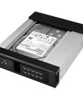 Trayless 5.25 Inch To 3.5 Inch Drive Bay For SATA And SAS HDDs And SSDs Aluminum Enclosure Hot Swap Ready Easy Swaps Between Systems Great For IT Pros Needing Quick Drive Transport. Black aluminum trayless 5.25 to 3.5 inch hot swap drive bay with hard drive inserted