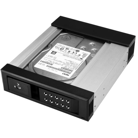 Trayless 5.25 Inch To 3.5 Inch Drive Bay For SATA And SAS HDDs And SSDs Aluminum Enclosure Hot Swap Ready Easy Swaps Between Systems Great For IT Pros Needing Quick Drive Transport. Black aluminum trayless 5.25 to 3.5 inch hot swap drive bay with hard drive inserted
