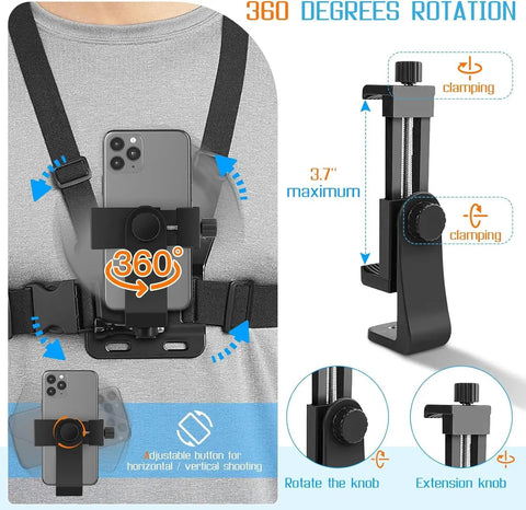 Grab-and-Go Chest Strap Mount for 4-7 inch phones with 360-degree rotation and adjustable knobs, shown with phone attached.