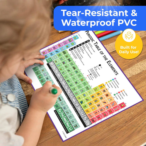 Child using Kid Friendly Periodic Table Poster Laminated 17x22 Inch Chemistry Element Chart With Tear Free Waterproof Dry Erasable Surface