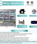 Heavy Duty Commercial Reach In Fridge With Three Tempered Glass Doors Solid Stainless Steel Kitchen Workhorse Real Deal Cold Display Cooler Designed For Busy Bars And Convenience Stores 82 Inches Wide with LED light and compressor details.