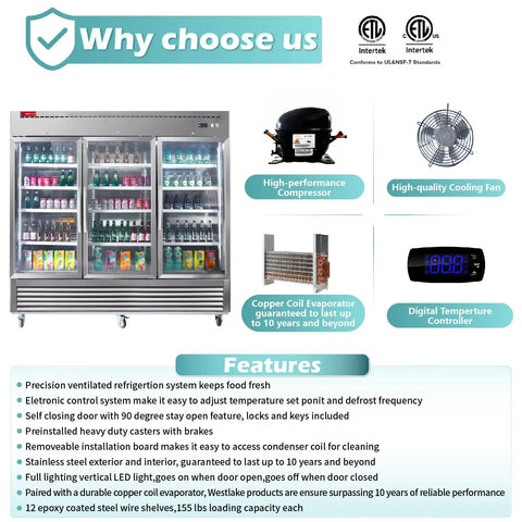 Heavy Duty Commercial Reach In Fridge With Three Tempered Glass Doors Solid Stainless Steel Kitchen Workhorse Real Deal Cold Display Cooler Designed For Busy Bars And Convenience Stores 82 Inches Wide with LED light and compressor details.
