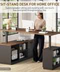 Legit Top Tier Electric L Shaped Standing Desk With One Touch Height Adjustable Sit Stand Workstation And Built In Storage Drawer dual motor design in home office.