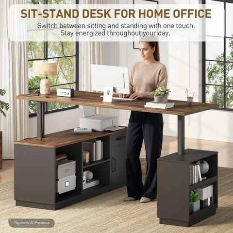 Legit Top Tier Electric L Shaped Standing Desk With One Touch Height Adjustable Sit Stand Workstation And Built In Storage Drawer dual motor design in home office.