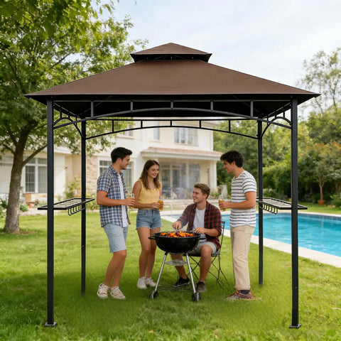 People enjoying barbecue under 5x8 Ft Grill Gazebo Replacement Cover All Weather Waterproof Brown Canopy Top Fits L GG001PST F L GG001PST H L GG001PST F2