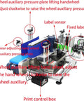 No Sweat High Speed Automatic Desktop Conveyor Round Bottle Label Applicator 110V with labeled components and adjustments shown.