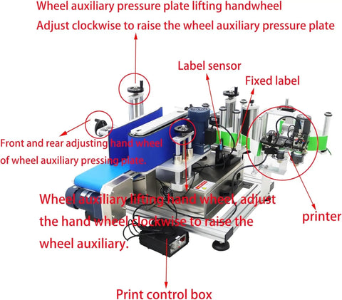 No Sweat High Speed Automatic Desktop Conveyor Round Bottle Label Applicator 110V with labeled components and adjustments shown.