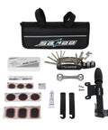 Sixteen In One Bike Repair Tool Kit With Tire Levers Emergency Patch Kit Mini Pump And Nylon Frame Mount Bracket, compact tools displayed
