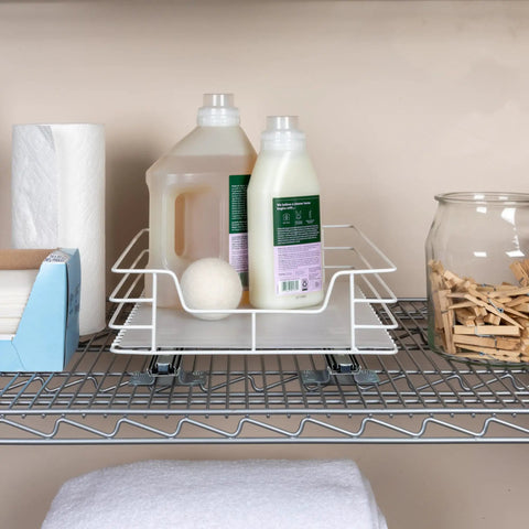 Super Durable Painted Steel Pull Out Pantry Basket With Non Stick Plastic Tray For Zero Hassle Cleanup And Totally Slick Modern Kitchen Cabinet Organization Setup In Crisp White