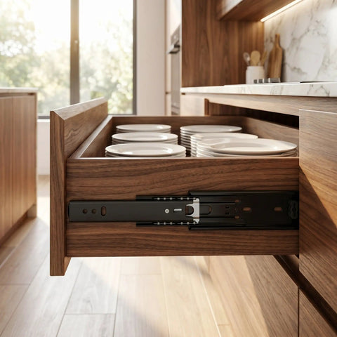 Open drawer with plates using Beefy Heavy Duty Steel Telescopic Drawer Slides Four Pack Silent Operation Three Section 125mm Rails
