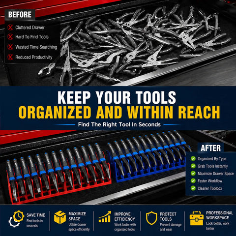 Low Profile 24 Slot Pliers Organizer Rack With Magnetic Base For Toolbox Drawers 2 Pack in red and blue, tools organized