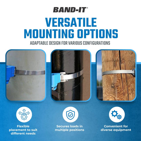 Band-It CP1899 galvanized steel center-punch clamp, 5/8 in wide x 0.025 in thick, 4-1/2 in diameter, mounted on a post