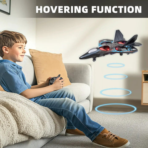 Boy playing with Foam RC Airplane For Kids And Adults, Two Point Four GHz Remote Control Plane With Colorful Lights, hovering indoors