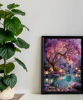 Beginner Friendly Diamond Painting Kit With Full Round Drills, Glowing Dream Forest 5D Diamond Art framed on a wall, 11.8 x 15.8 inches.