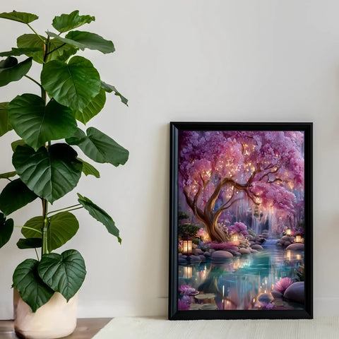 Beginner Friendly Diamond Painting Kit With Full Round Drills, Glowing Dream Forest 5D Diamond Art framed on a wall, 11.8 x 15.8 inches.