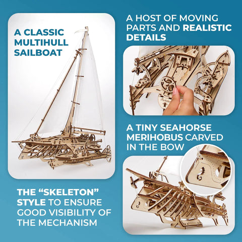 Merihobus 3D Wood Puzzle Kit For Adults Trimaran Sailboat Model Catamaran Mechanical Build Dope Wooden Ships Kit For Brain Teasers DIY Hobby Set For Mindful Fun And Hands On Craft, wooden trimaran sailboat model