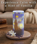 Van Gogh Starry Night Flameless Candles With Remote on wooden tray with vanilla flowers, cozy living room decor